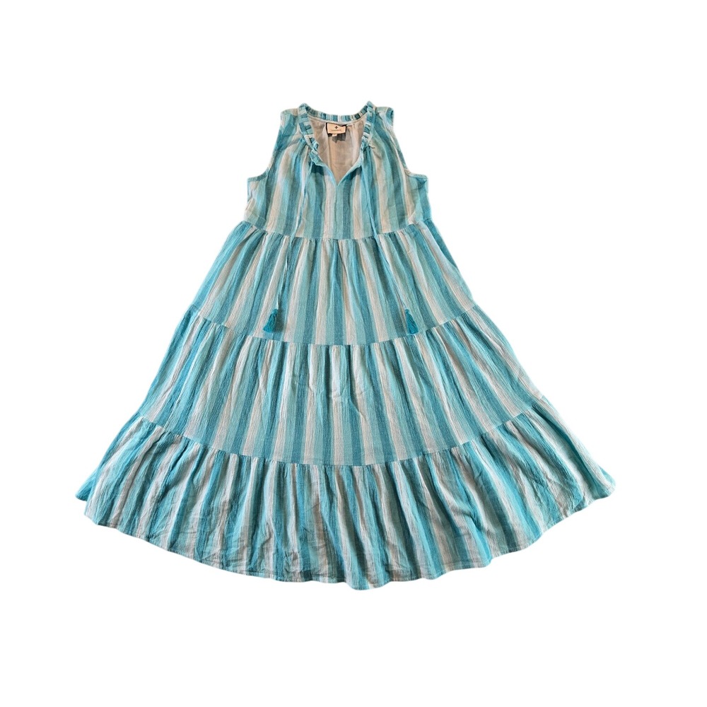 Tuckernuck Salty Paloma Dress Women XS Turquoise White Striped Tiered Tassel